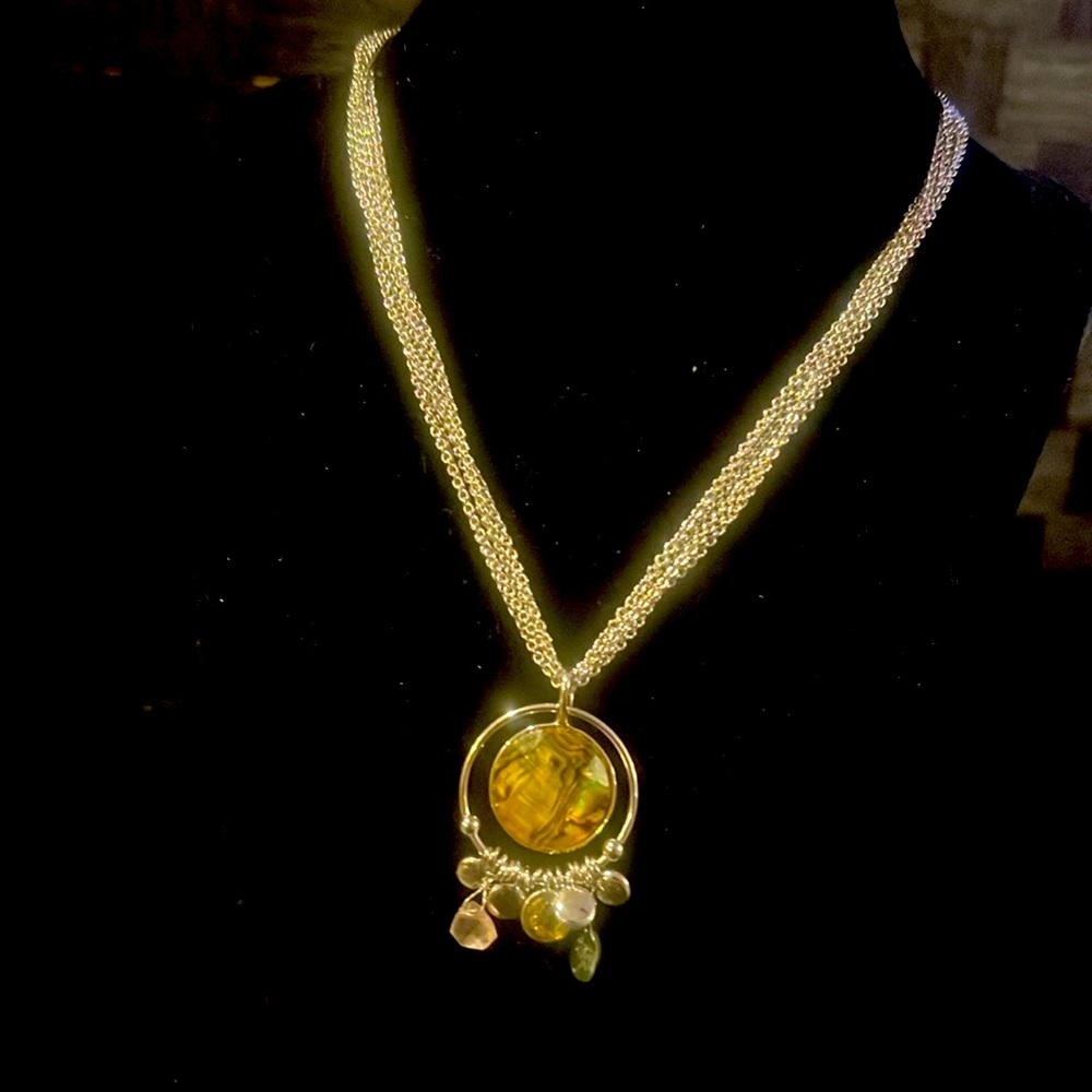 Lia Sophia 5 chain silver necklace with green gold multi round stone